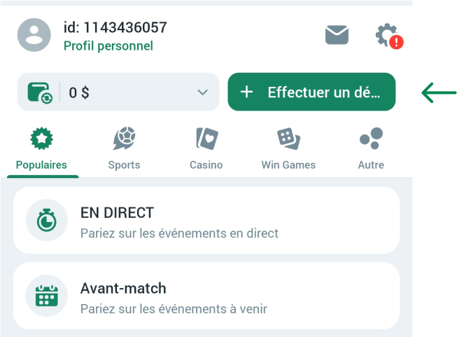 Accédez à la section Dépôt Betwinner Apk Cameroun